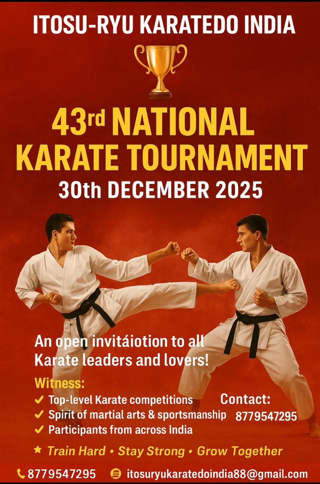 43rd National Karate Coaching Camp and Tournament, which will be held on Sunday, 28th; Monday, 29th; and Tuesday, 30th December 2025 at Mar Chrysostom Mar Thoma Center, Kamseth, Pune, Maharashtra.